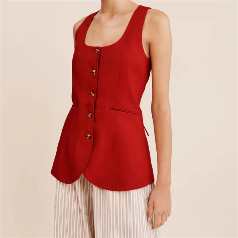 

Women's vest New high-quality linen blended round neck sleeveless top for summer 2025 Single breasted slim fit Women's jackets