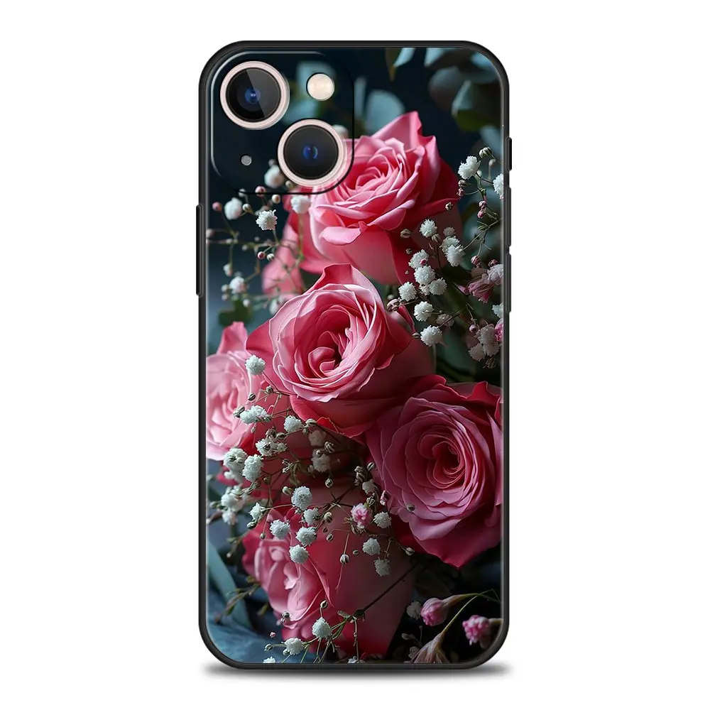 Beautiful Red Rose Flowers Luxury Phone Case For iPhone 15 16 14 13 12 mini 11 Pro Max XS X XR SE 7 8 Plus Black Cover Funda