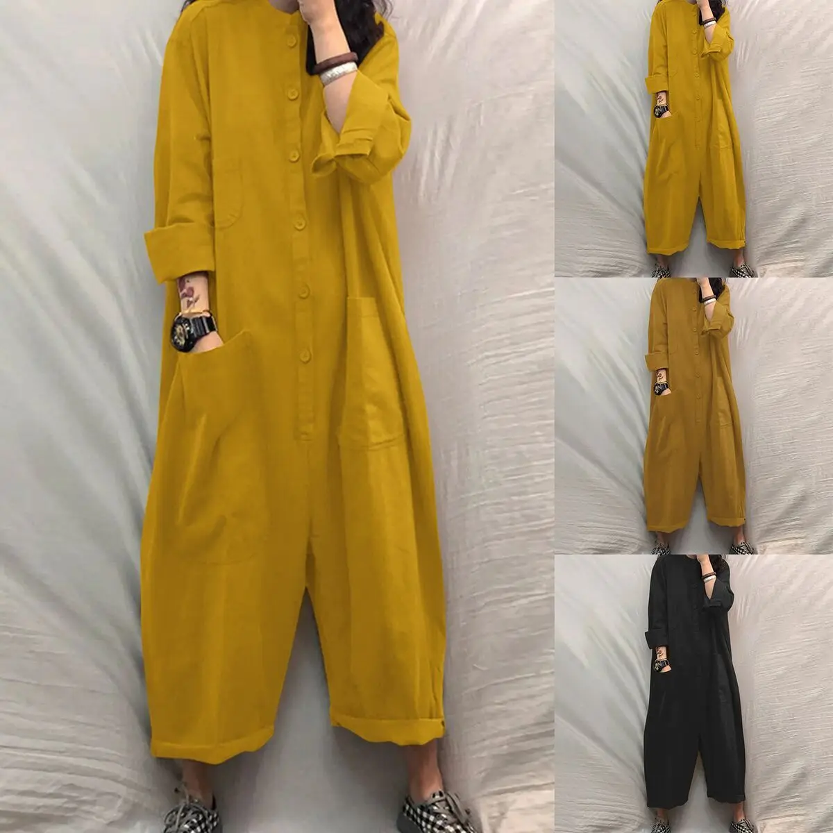 

Plus Size Womens Cargo Jumpsuit with Pockets Oversized Shirt Style Romper Casual Loose Fit Overalls Summer Fashion
