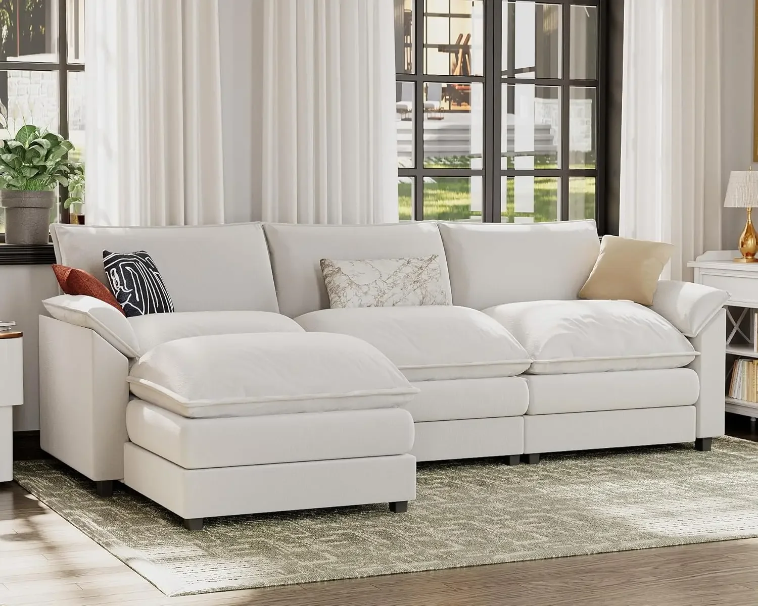 Sectional Sofa Modern Deep Couch with Reversible Ottoman, L-Shaped Chenille Fabric Modular Sofa Sleeper Comfy