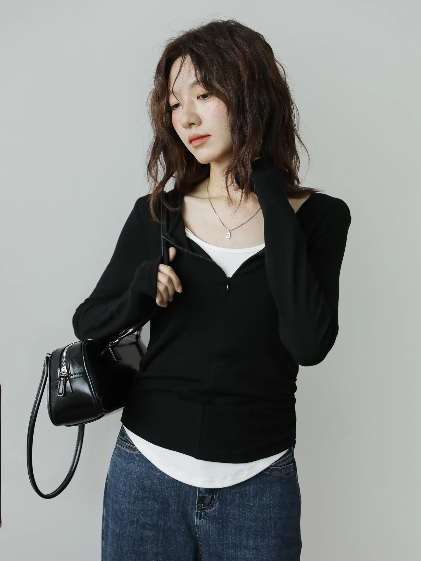 

Женская приталенная футболка с длинным рукавом, базовая, с молнией и вставками, в стиле ретро, для повседневной носки, классический узор, из смесового хлопка