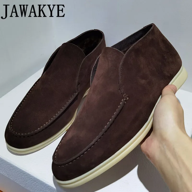 2024 Winter Hot Sale Men Wool Ankle Boots Real Suede loafers Shoes Comfort Warm Flat Walk Shoes Open High Top Fur Shoes for Man