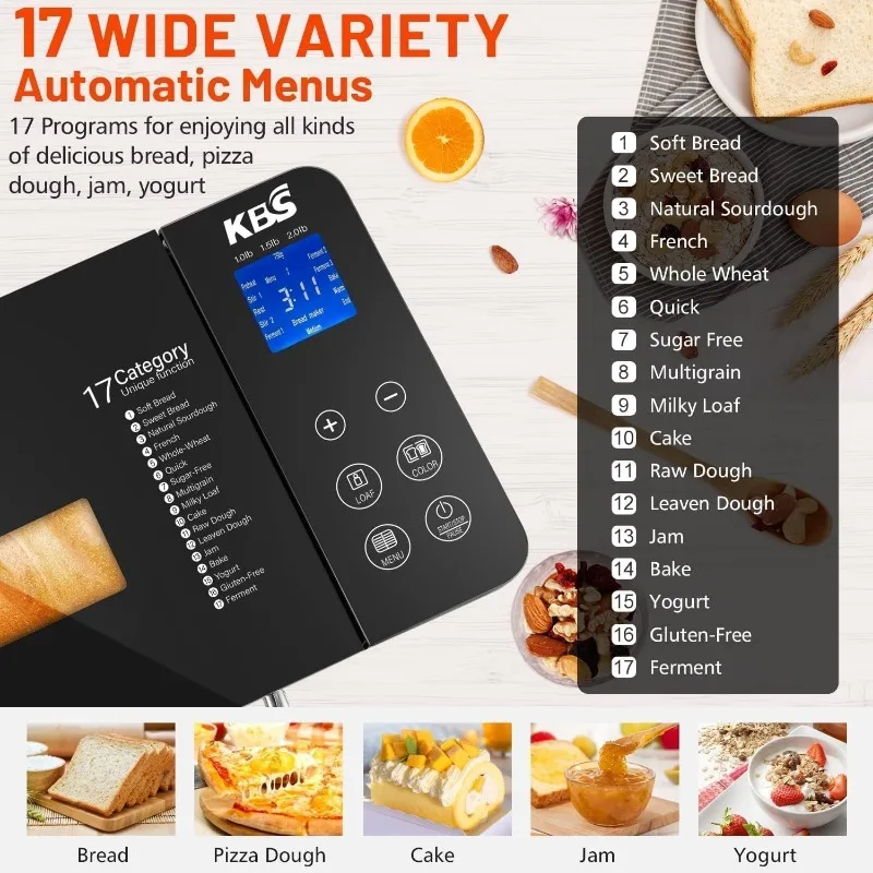 Macchina per il pane KBS 17 in 1, riscaldatori doppi, macchina da 710 W in acciaio inossidabile, senza glutine, macchina per l'impasto, pattini, yogurt PROG, distributore automatico di dadi