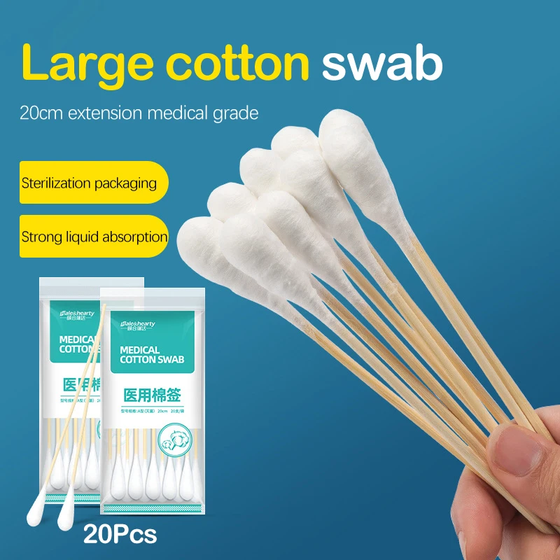 20pcs Women's Big Head Cotton Swabs Makeup Remover Wood Sticks Nose & Ear Cleaning Health Care Tools 20cm