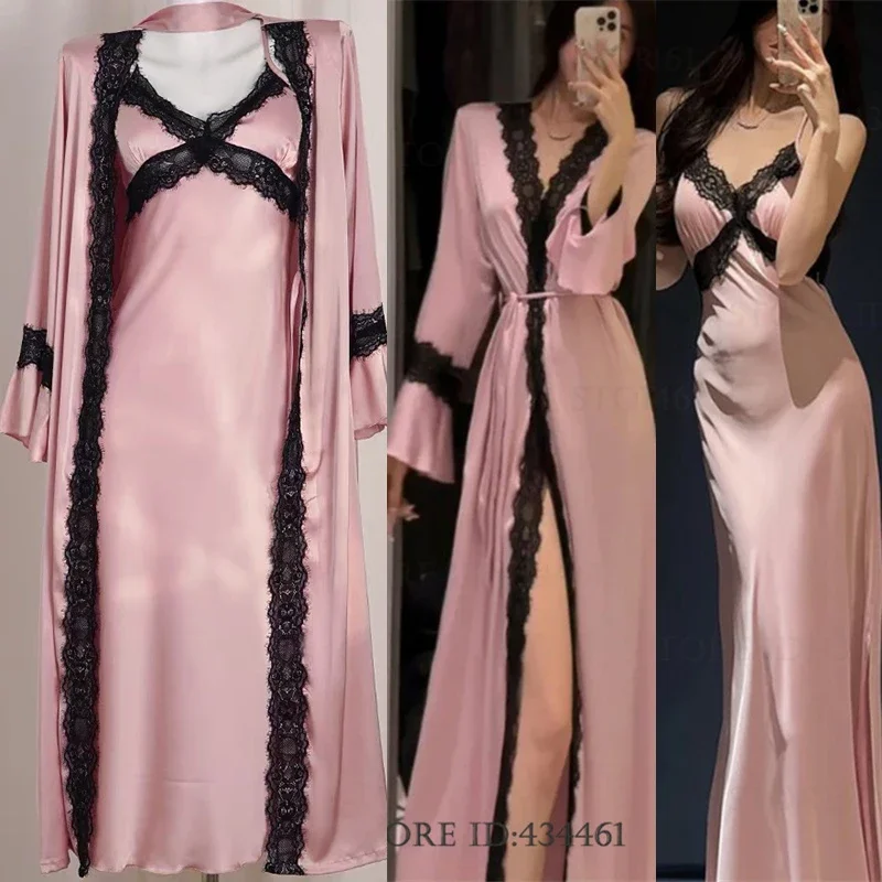 섹시한 여성 Nighty & Robe 세트 긴 기모노 목욕 가운 봄 여름 새로운 잠옷 홈 드레스 새틴 백리스 나이트 가운 란제리