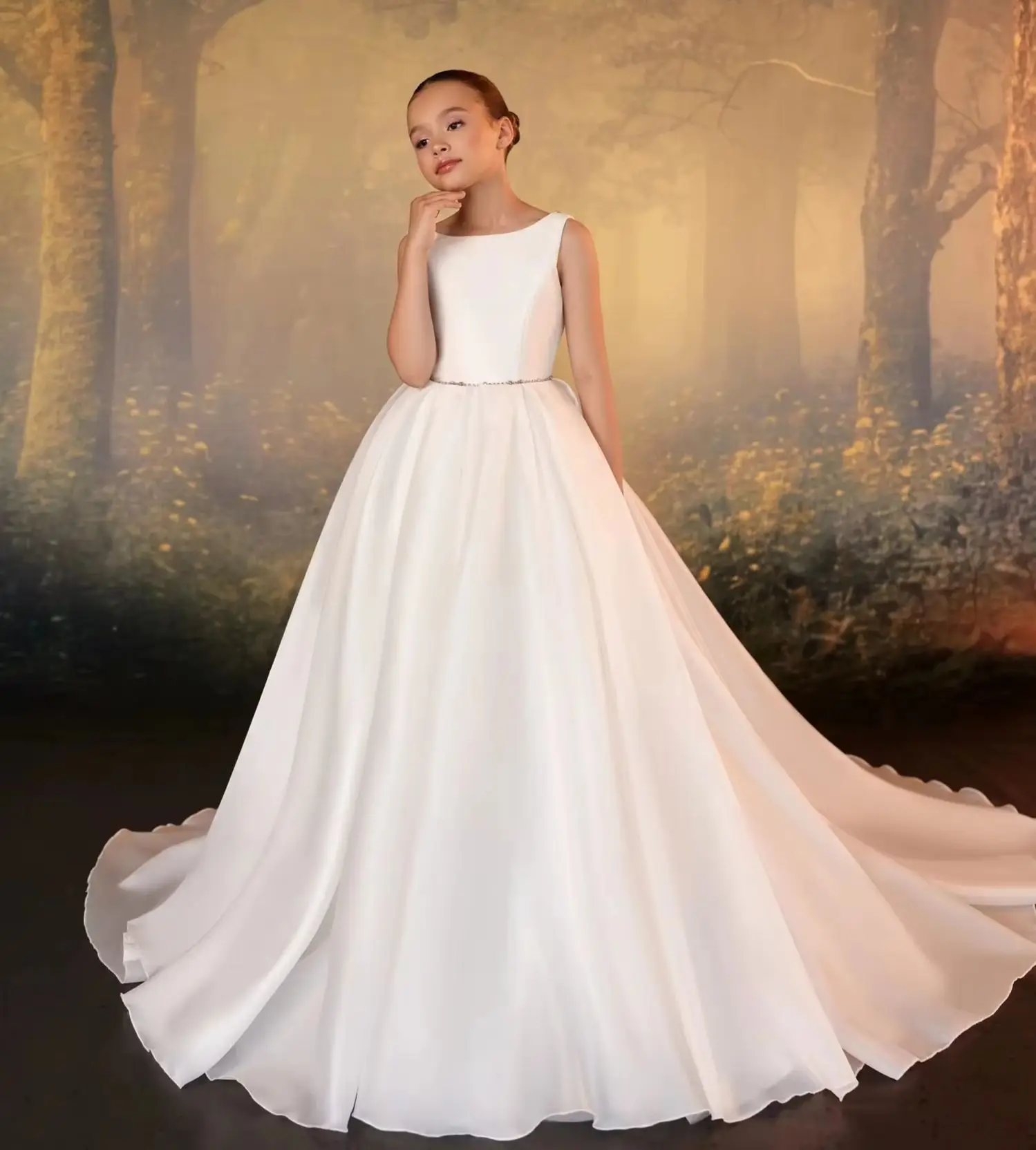 Customized White Satin Flower Girl Dress With Wrap Bow Beading Princess First Communion Bridesmaid Banquet Gown
