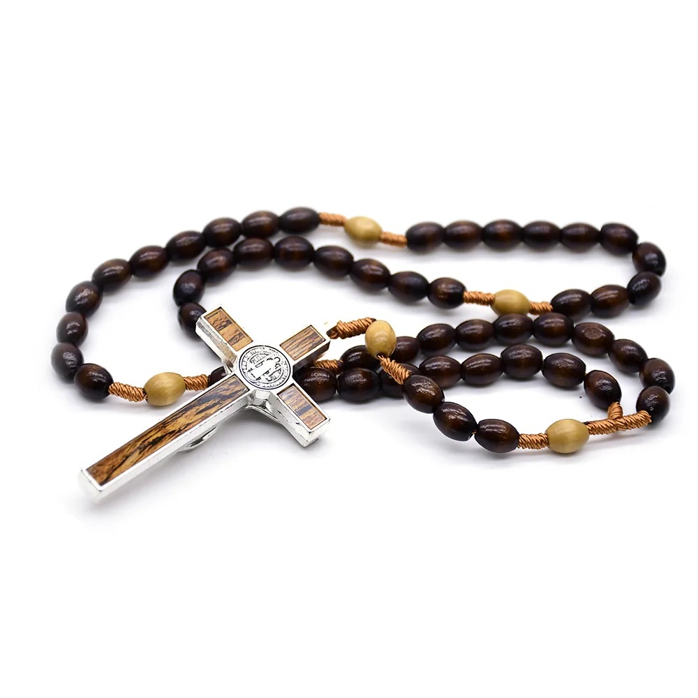 QIGO Dark Coffee Rice Shaped Wood Beads Rope Rosary Cross Necklace New Religious Jewelry