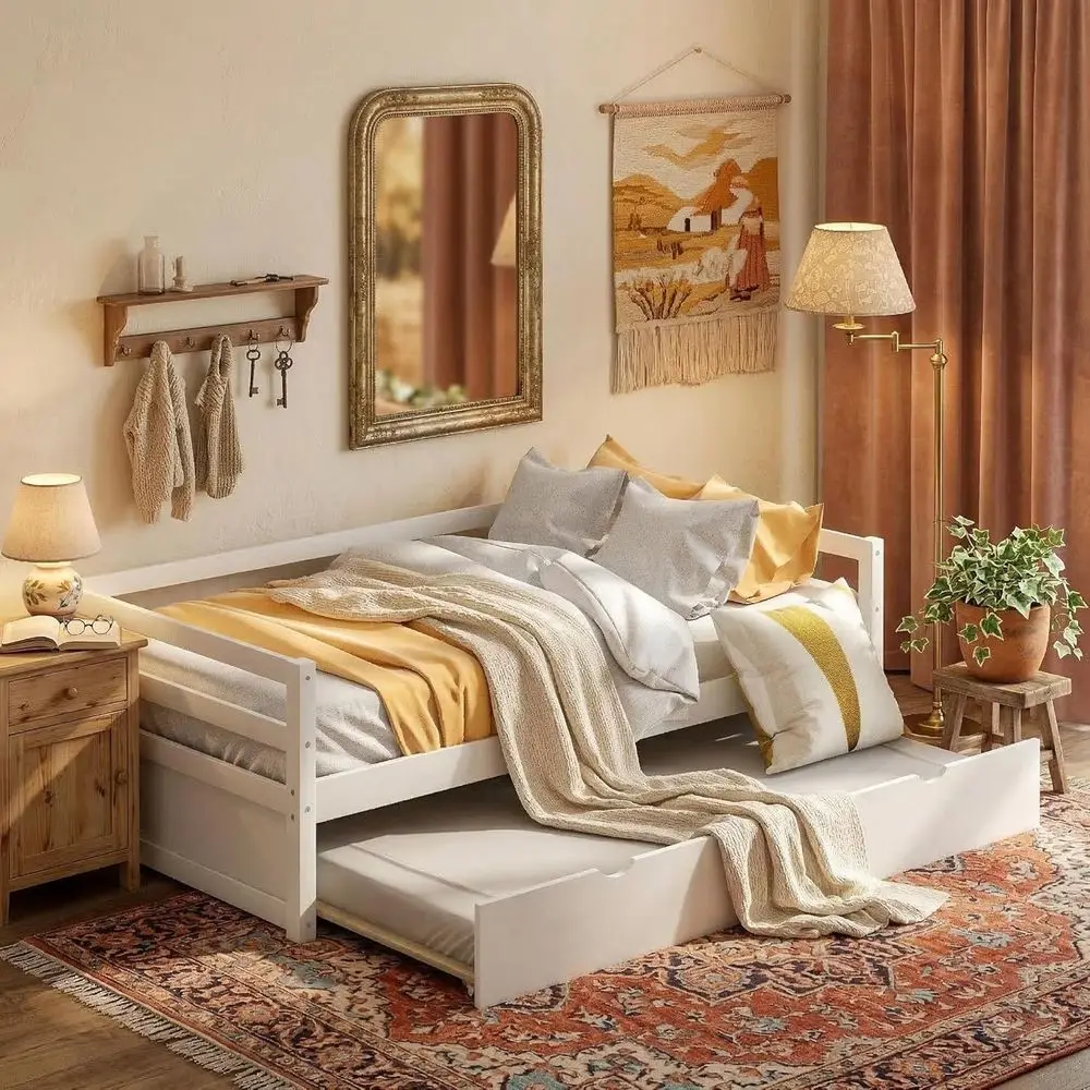 MeTwin Size Daybed with Trundle, Solid Wood tains Bed Soa Bed e, White