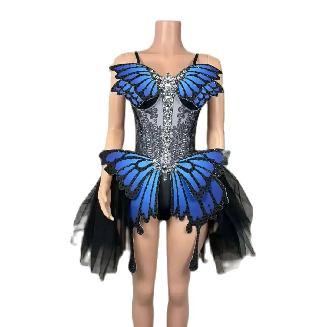 New Butterfly Wing Sexy Stage Silver Crystals Colorful Spandex Bodysuit Women Birthday Celebrate Party Outfit Performance Dance