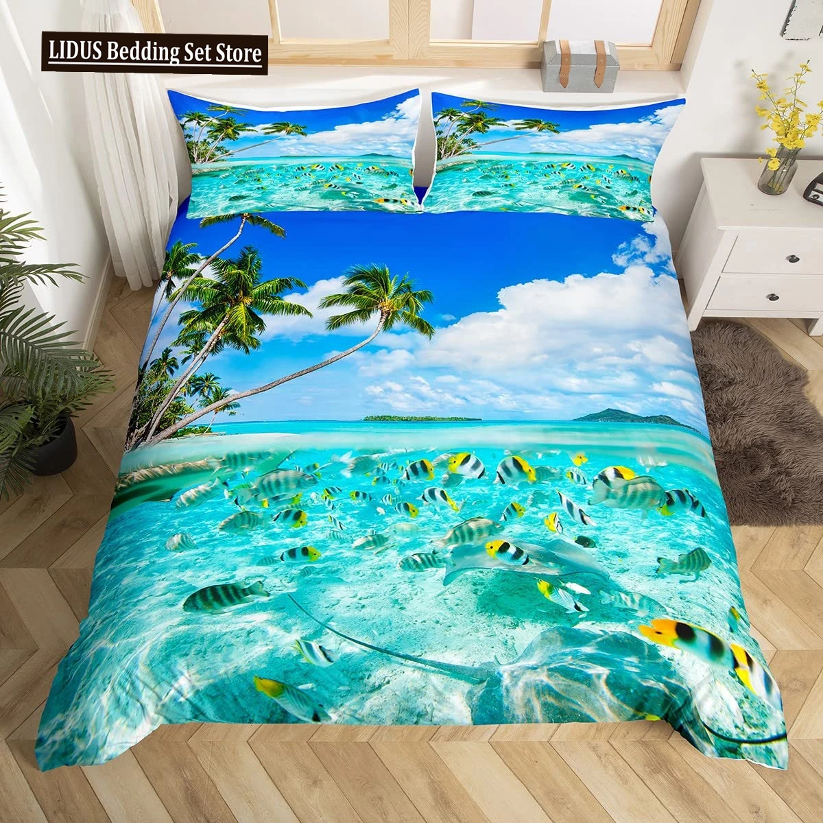 Summer Beach Duvet Cover Set Queen Ocean Bedding Set Hawaiian Palm Trees Marine Life Sea Waves Fish Printed Comforter Cover Set
