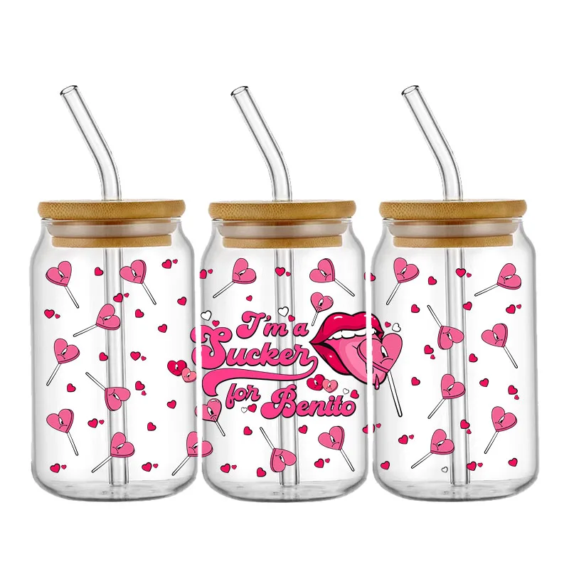 Valentine's Day UV DTF Transfers Stickers Happy Love Cup Wraps 16oz Libbey Glass Can Waterproof DIY Personalize Sticker Labels