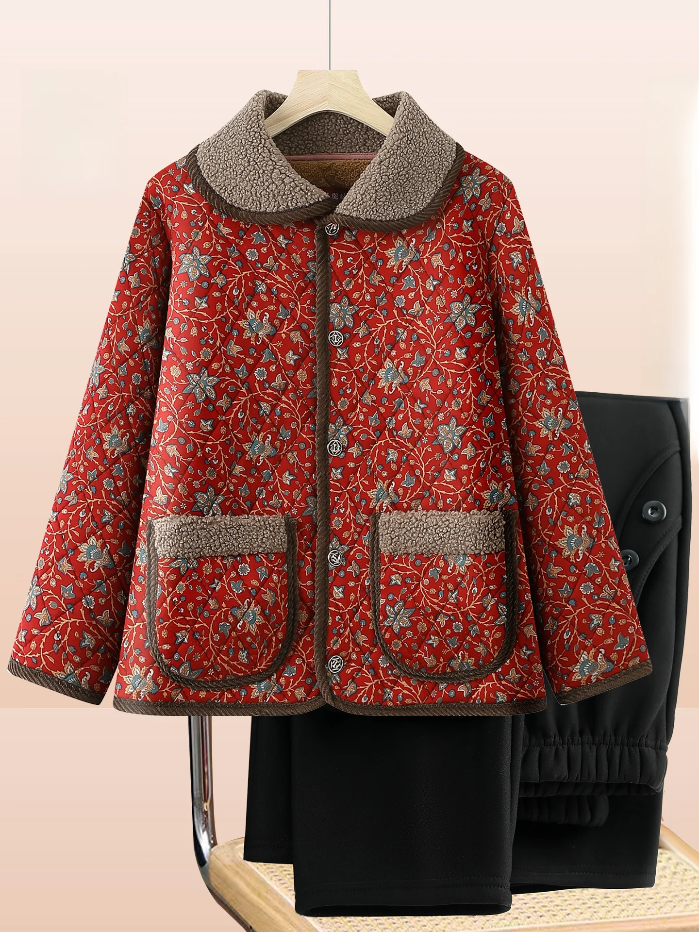 

Новая хлопковая куртка Thiened для женщин среднего возраста с воротником-стойкой, цветочным принтом и теплой флисовой подкладкой