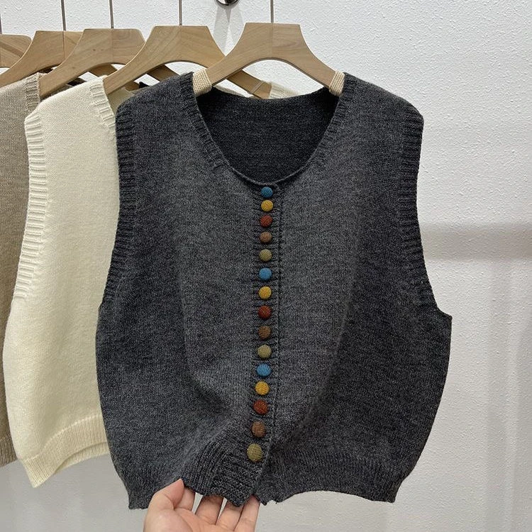 

Круглый вязаный жилет на пуговицах, женский свободный многослойный свитер, утягивающий жилет, осень-зима, новый Sle