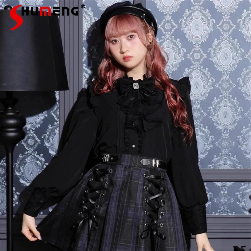 

Lolita SC Japanese New Sweet Cute Lace Detachable Bow Long Sleeves Shirt Single-Breasted Top Kawaii Clothes Oversized Blouse