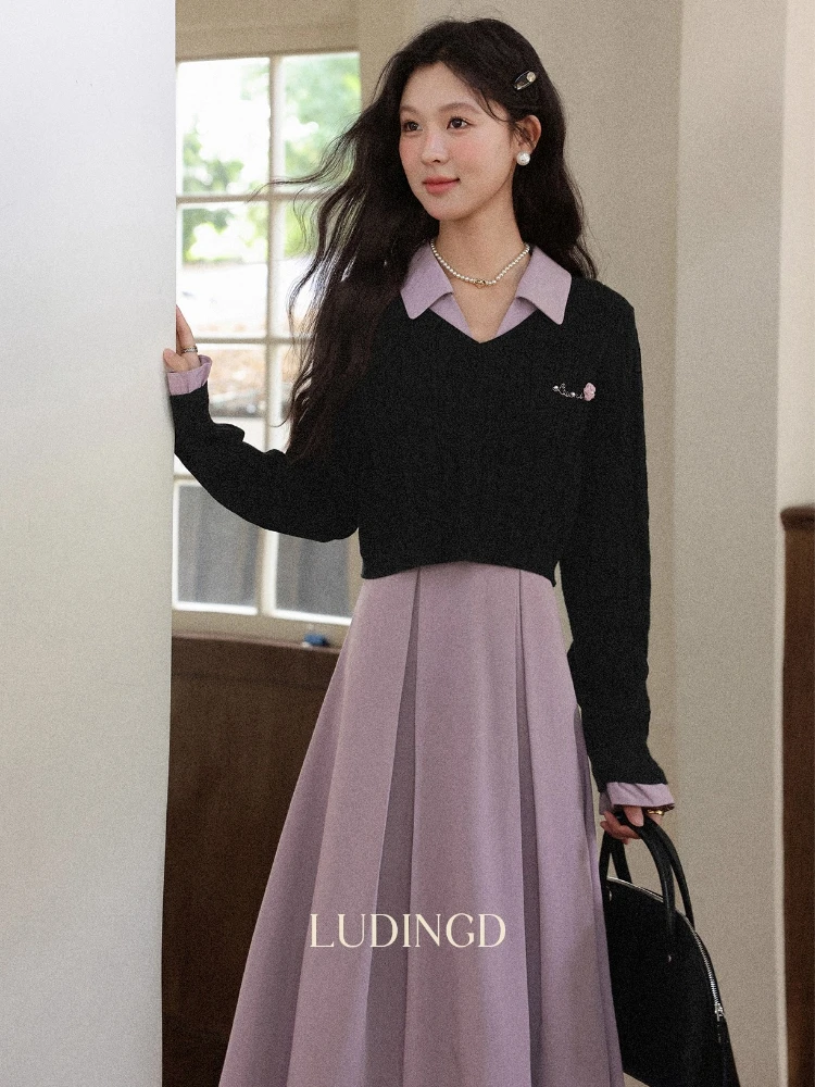 ALXNAN vestido morado de talla grande con cuello en V vestido plisado sin mangas definido en la cintura elegancia versátil vestido de mujer para ir al trabajo D13050