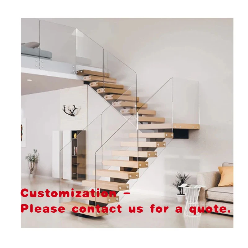custom.YL METAL Custom Design Stainless Steel Straight Stairs Interior Staircase With Wood Tread and Glass Railing