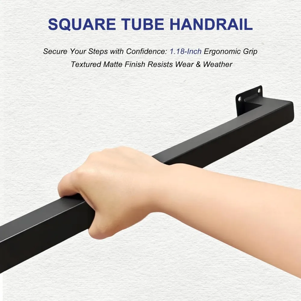 درابزين سلالم داخلي، درابزين أنبوبي مربع أسود غير لامع، سعة 500 رطل، مثبت على الحائط، ميزة أمان صناعية غير قابلة للانزلاق #6