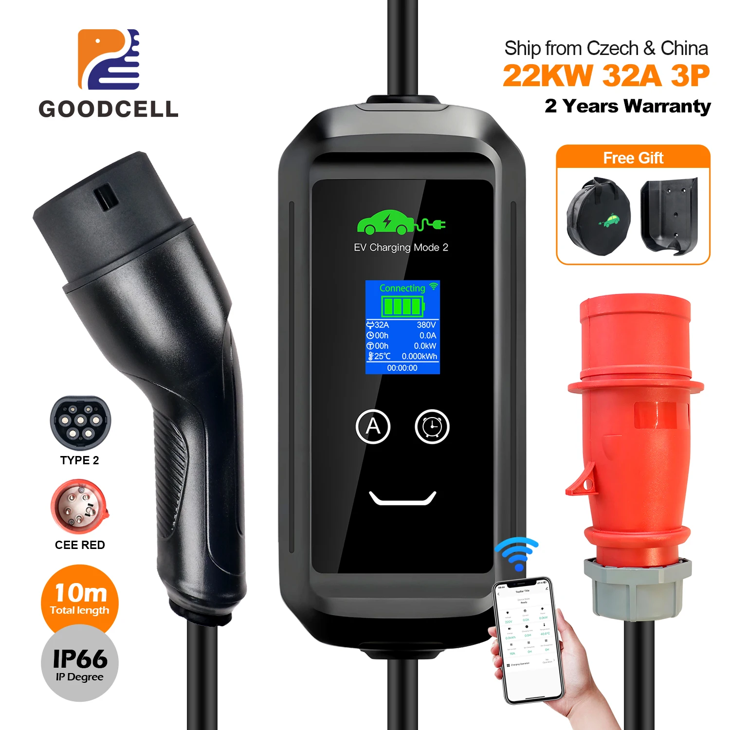 

GOODCELL 32A 22kw 10M Cable Portable EV Charger Type2 IEC62196-2 Tuya APP EVSE Charging Type2 Plug Wallbox for Electric Car