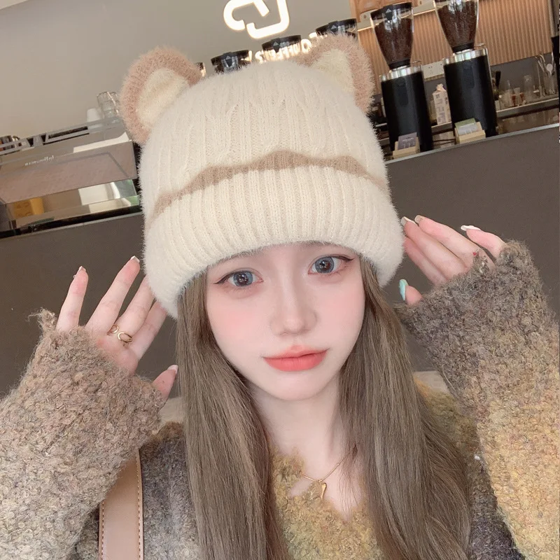 Autumn and winter new cute ears hat fashionable versatile knitted wool cap warm big head circumference cold cap warm knitted cap