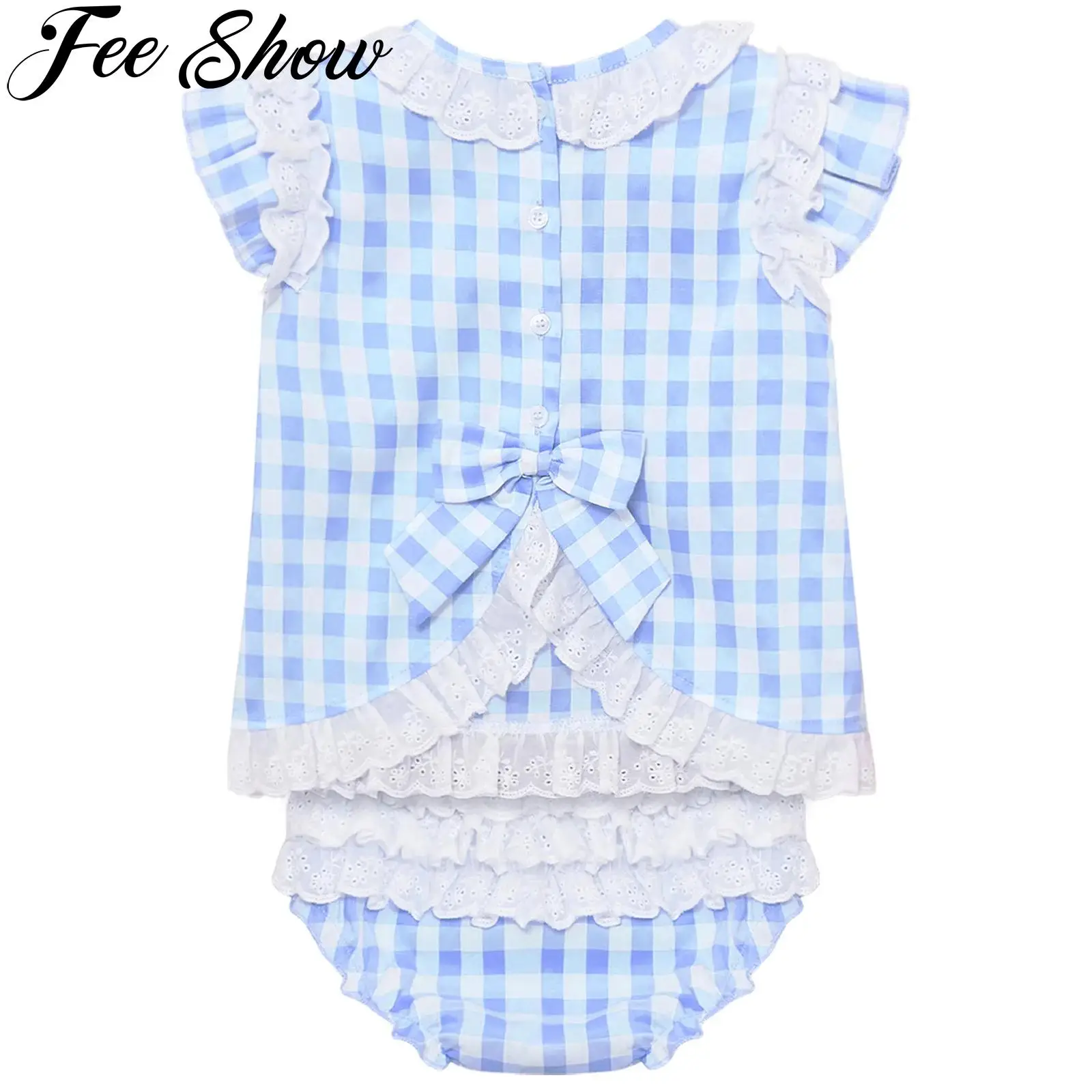 

Baby Girls Summer Sweet Plaid Clothes Outfits Ruffled Fly Sleeve Button Bowknot Lace T Shirt Top with Shorts Bloomer Casual Wear