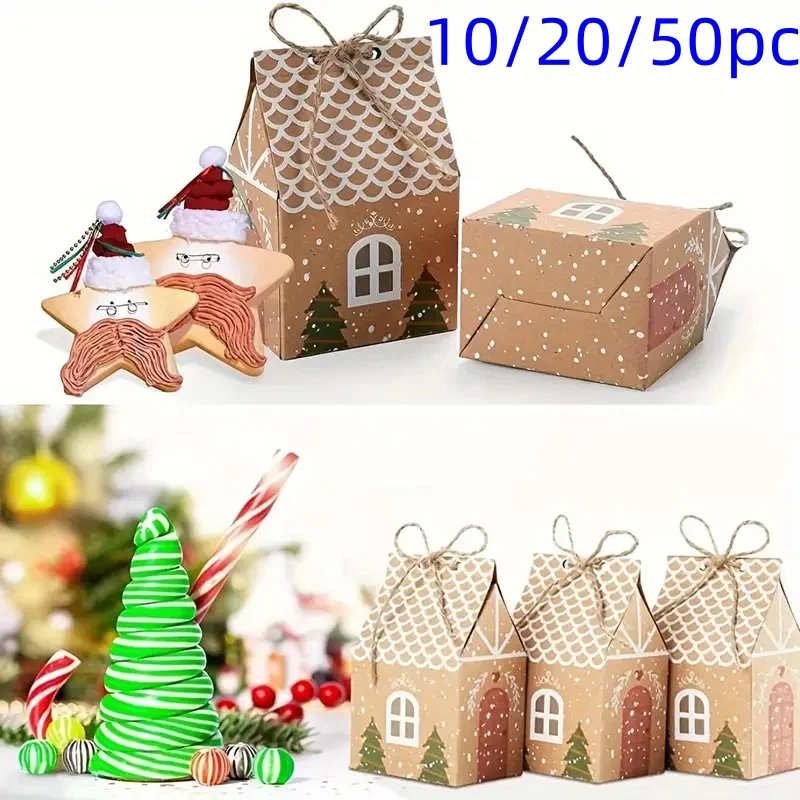 

Merry Christmas Gift Bags House Shape Kraft Paper Candy Cookie Bags Packaging Boxes Christmas Tree Pendant Party Supplies