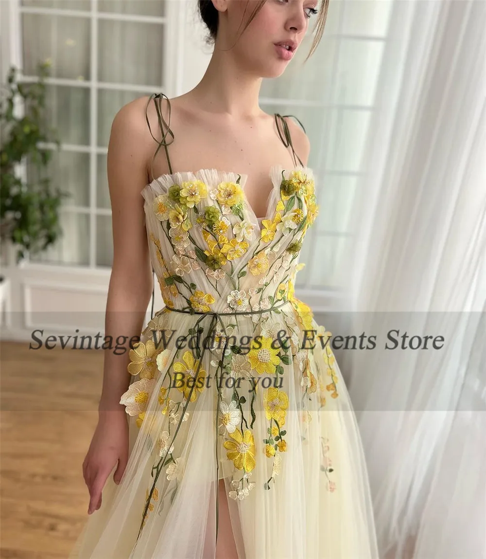 Sevintage Customized Fairy Yellow Tulle Prom Dress A-Line Spaghetti Strap Sweetheart 3D Flower Homecoming Dresses