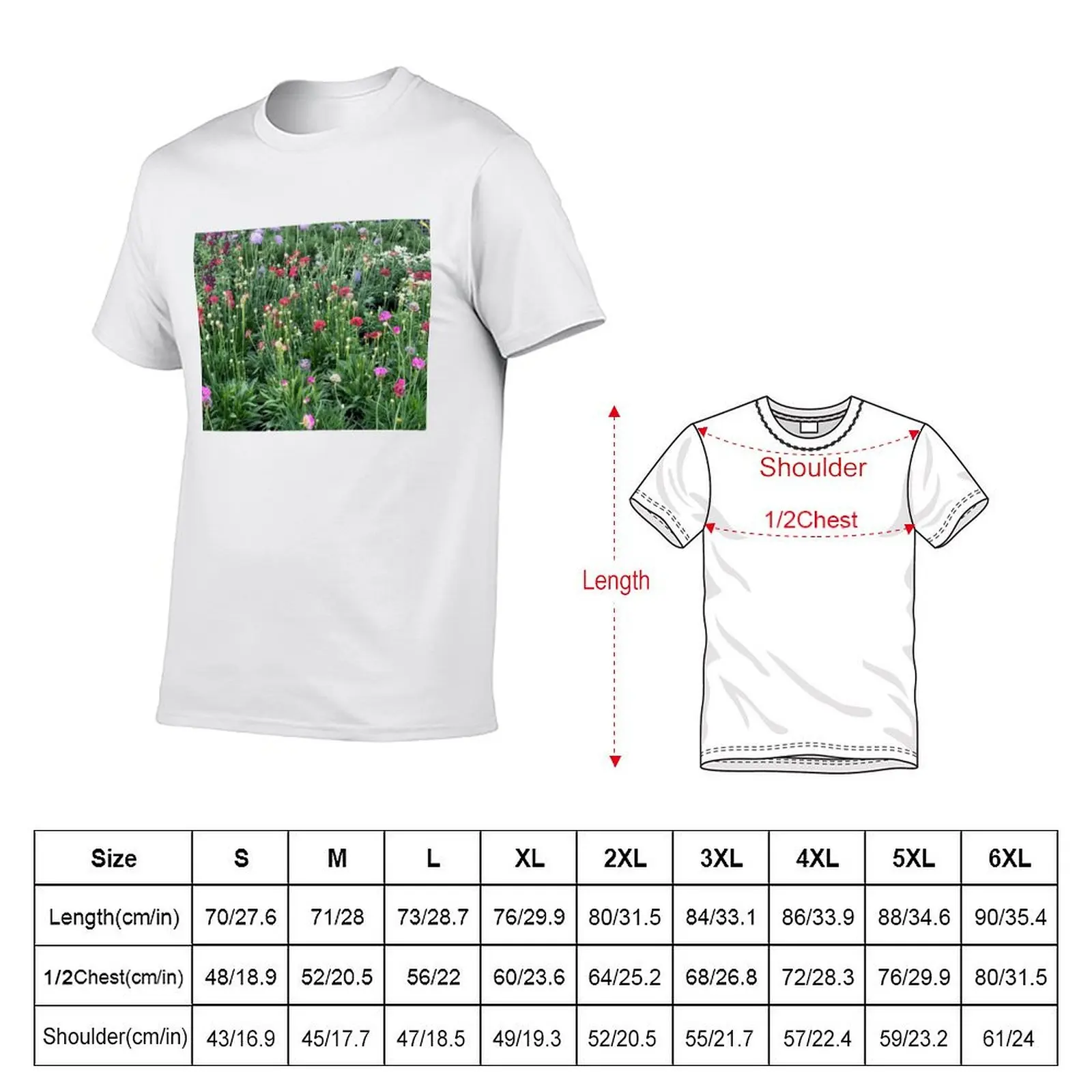 English Wild Flower Meadow in the Green T-Shirt Basic Short Sleeve Cotton Blend T-Shirt