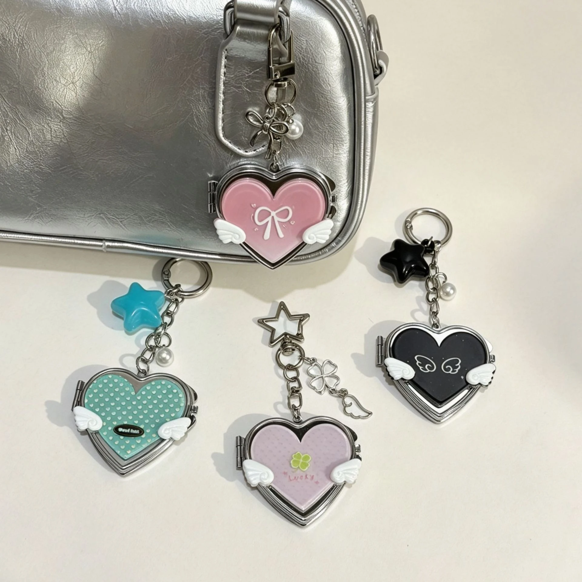 Y2K Heart Double Sided Makeup Mirror Bag Pendant Wings Bow Phone Charm Keychain Anti Lost Backpack Decor Girls Birthday Gift