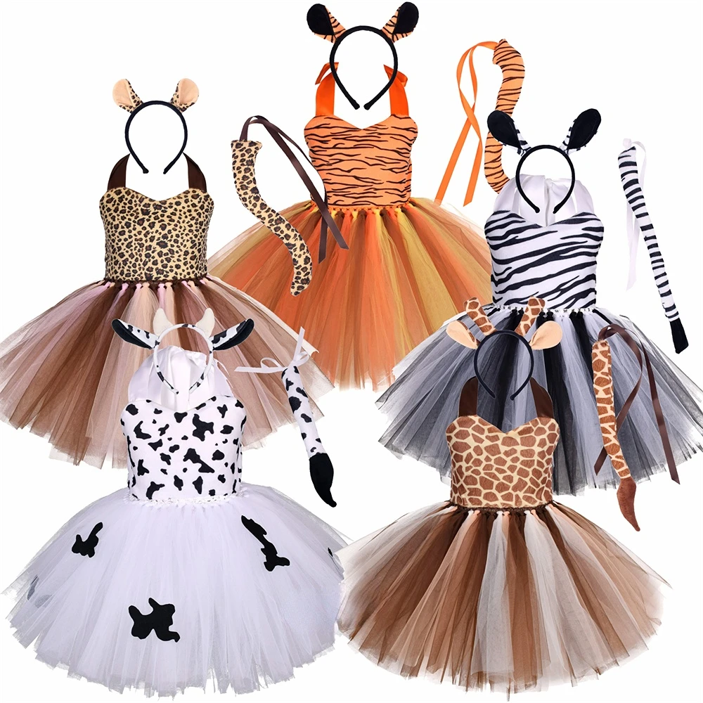 Baby Girls Halloween Animal Cosplay Costume Kids Forest Theme Giraffe Cows Tiger Leopard Zebra Print Tutu Dress Birthday Party