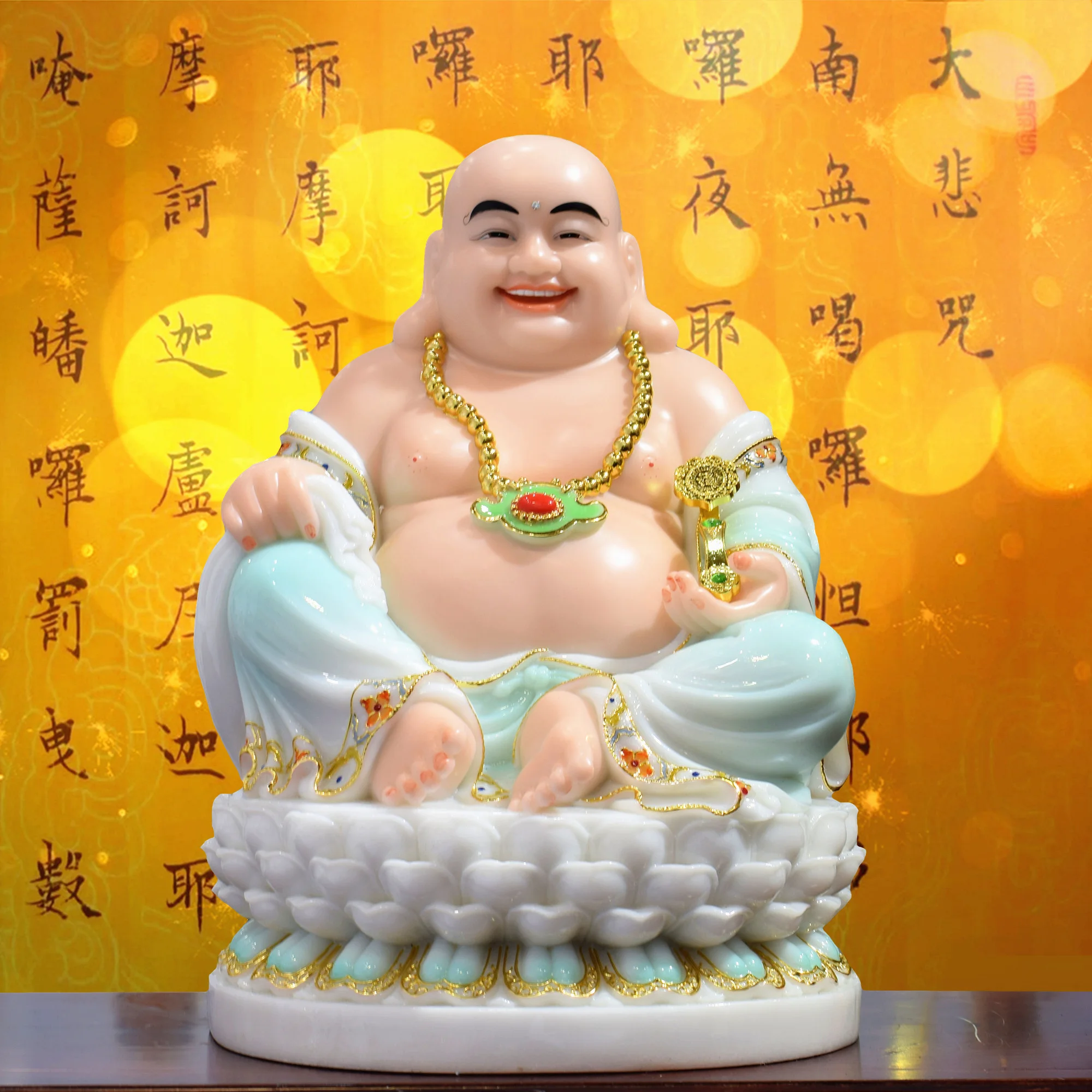 Asia high grade Buddha statue Home store company Shrine GOOD LUCK RUYI God of wealth Maitreya jade gilding Sculpture