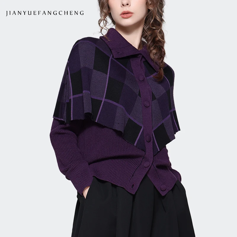 Fashion Women Purple Knitted Sweater With Plaid cloak Long Sleeve Turn-down Collar Outwear Knitted Tops 2023 Autumn Winter New