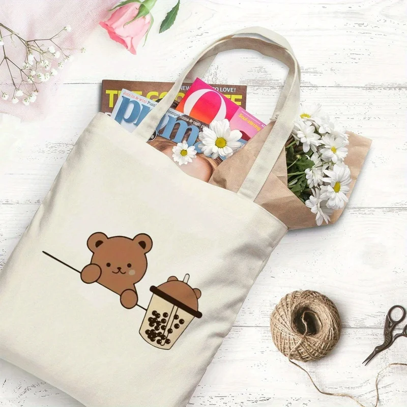 One with a pattern of a bear and milk tea，Shopping tote bag，Large capacity totes，Reusable