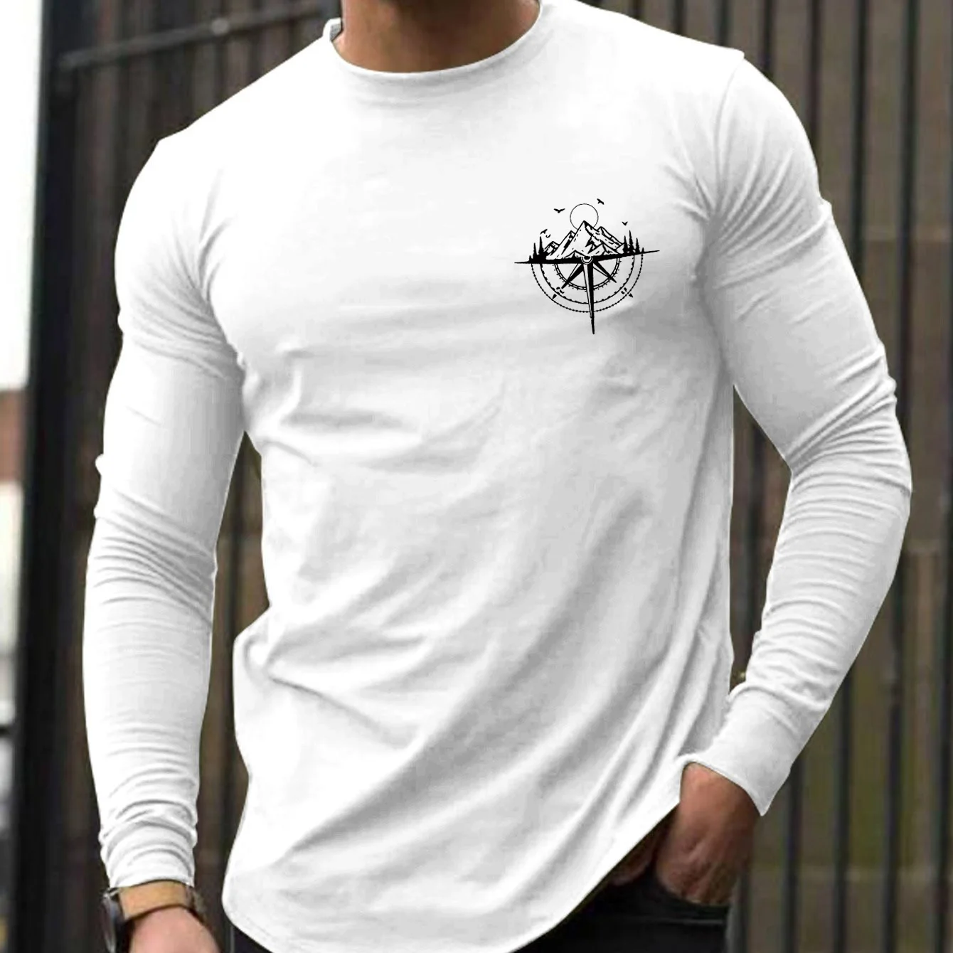 100% pure cotton men's long sleeved round neck loose mountain and compass printed spring and autumn casual versatile T-shirt top