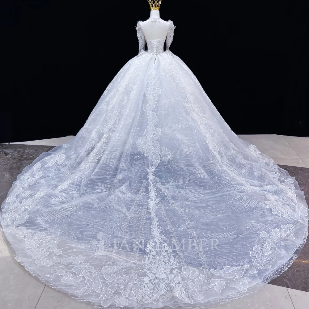 Customize Princess Ball Gown Wedding Dress O-neck Long Sleeve Backless Bridal Gown Floor Length Marriage Dress robe de mariée
