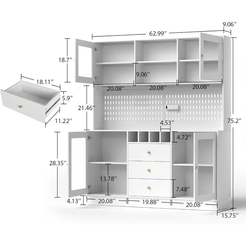 Pantry Cabinet, Kitchen Storage Cabinet, Freestanding Buffet Hutch with Pegboard, Cup Holder, Power Outlet, 4 Doors & 3 D