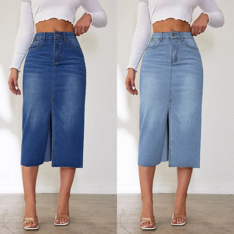 

Women Pencil Skirt Sexy Wrap Buttocks Dress High Waist Denim Skirts Vintage Washed Basics Spliced Pockets Slim Fit Solid