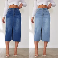 Women Pencil Skirt Sexy Wrap Buttocks Dress High Waist Denim Skirts Vintage Washed Basics Spliced Pockets Slim Fit Solid