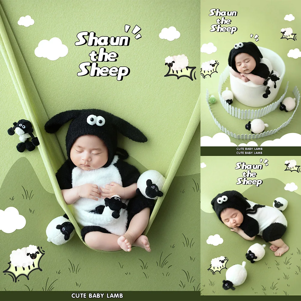 

Newborn Photography Outfit Prairie Lamb Theme Jumpsuit Hat 2pcs/Set Cosplay Photo Outfit Lamb Doll Fence Studio Baby Photo Props