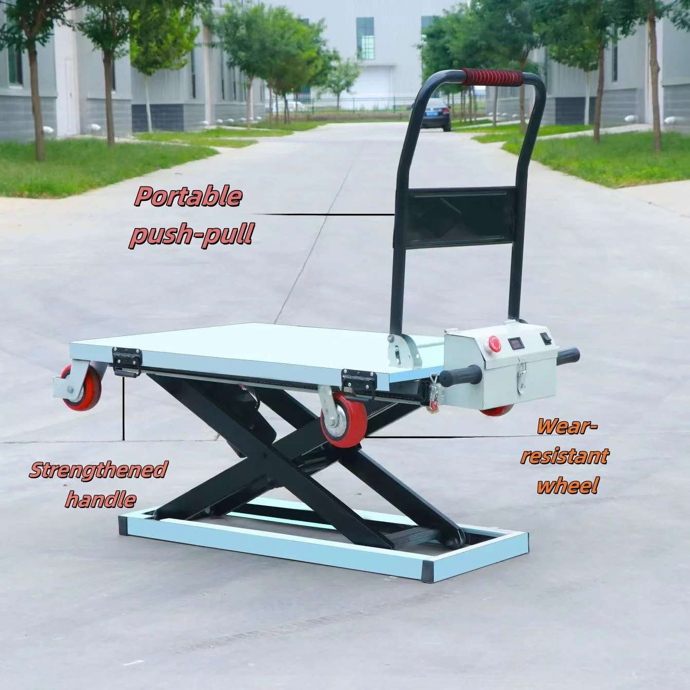 Scherengabeln auf mobilen Flachbett-LKWs, Hebe- und Scherengabeln, Trolley zum Laden und Entladen von LKWs, Hebeplattform, Lithium
