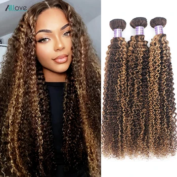 Allove Hoogtepunt Krullend Bundels Echt haar P4 27 Ombre Honingblonde Bundels Braziliaanse Remy Gekleurd 1/3/4 STUKS Remy Hair Extensions