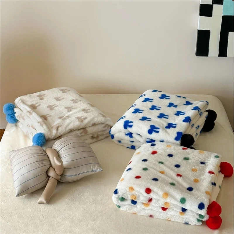 Cute Plush Blanket Winter Thickened Warm Double-sided Portable Bowknot Blanket Single and Double Car Sofa Blanket Soft Bedding