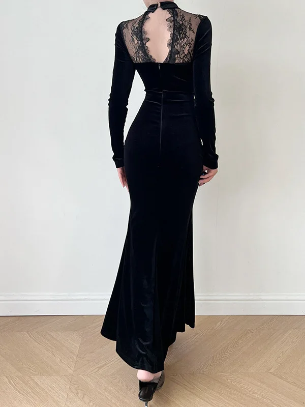 Vestido largo ajustado de sirena de terciopelo negro con apliques de encaje Vintage, elegante, ajustado, transparente, detalles recortados, ropa de mujer de moda coreana