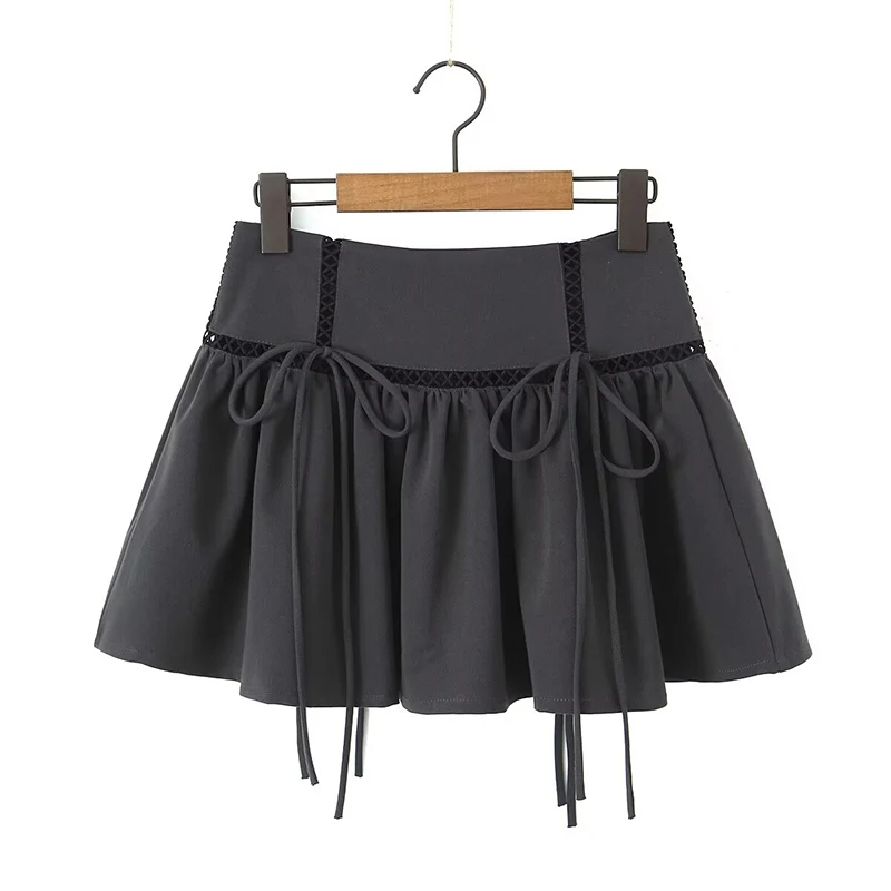 

YENKYE American Retro Bow Lace Up Mini Skirt Women Vintage Back Zipper High Waist Skirts Y2K saia Summer Jupe Black Gray