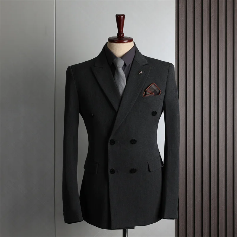 

KIDWHXR Spring Man Suit Coat British Style Solid Color Male Outerwear Double-breasted Long Sleeve Slim Versatile Men Blazer