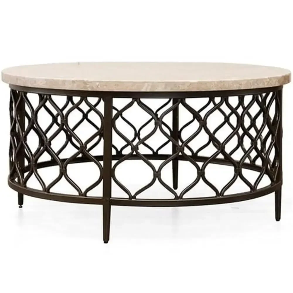 Round Stone Top Coffee Table with Bronze Metal Base Beautiful Fretwork Design 36