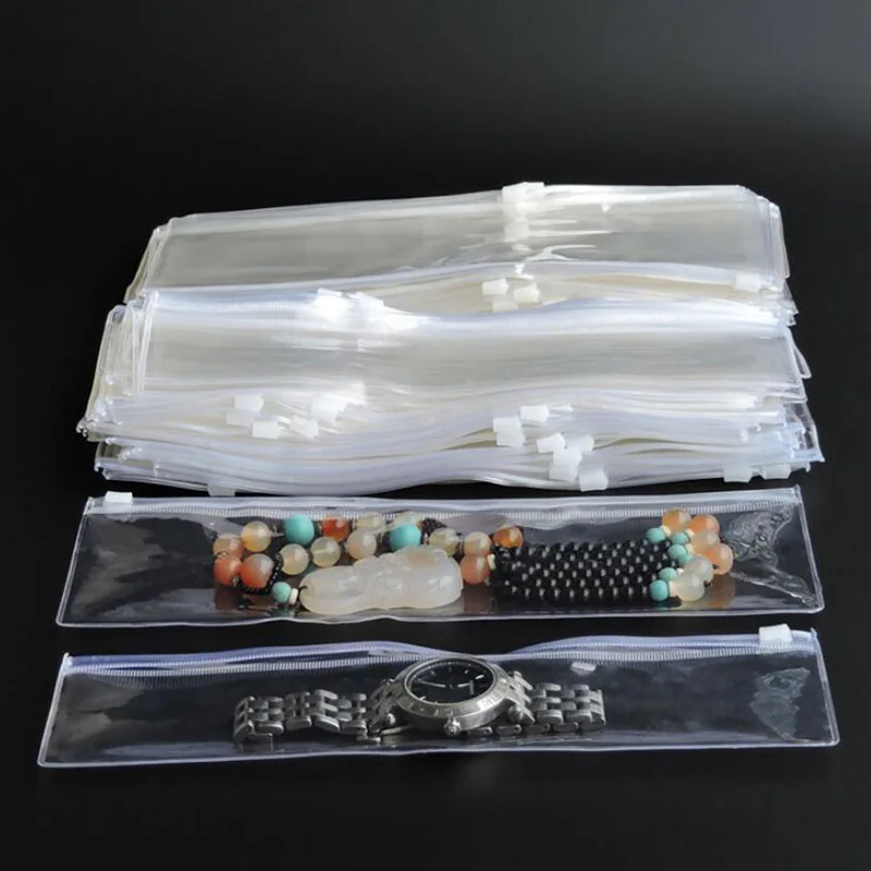 

50pcs Clear Plastic Watch Band Packaging Bag PVC Long Necklace Jewelry Display Zipper Storage Pouches Thicken