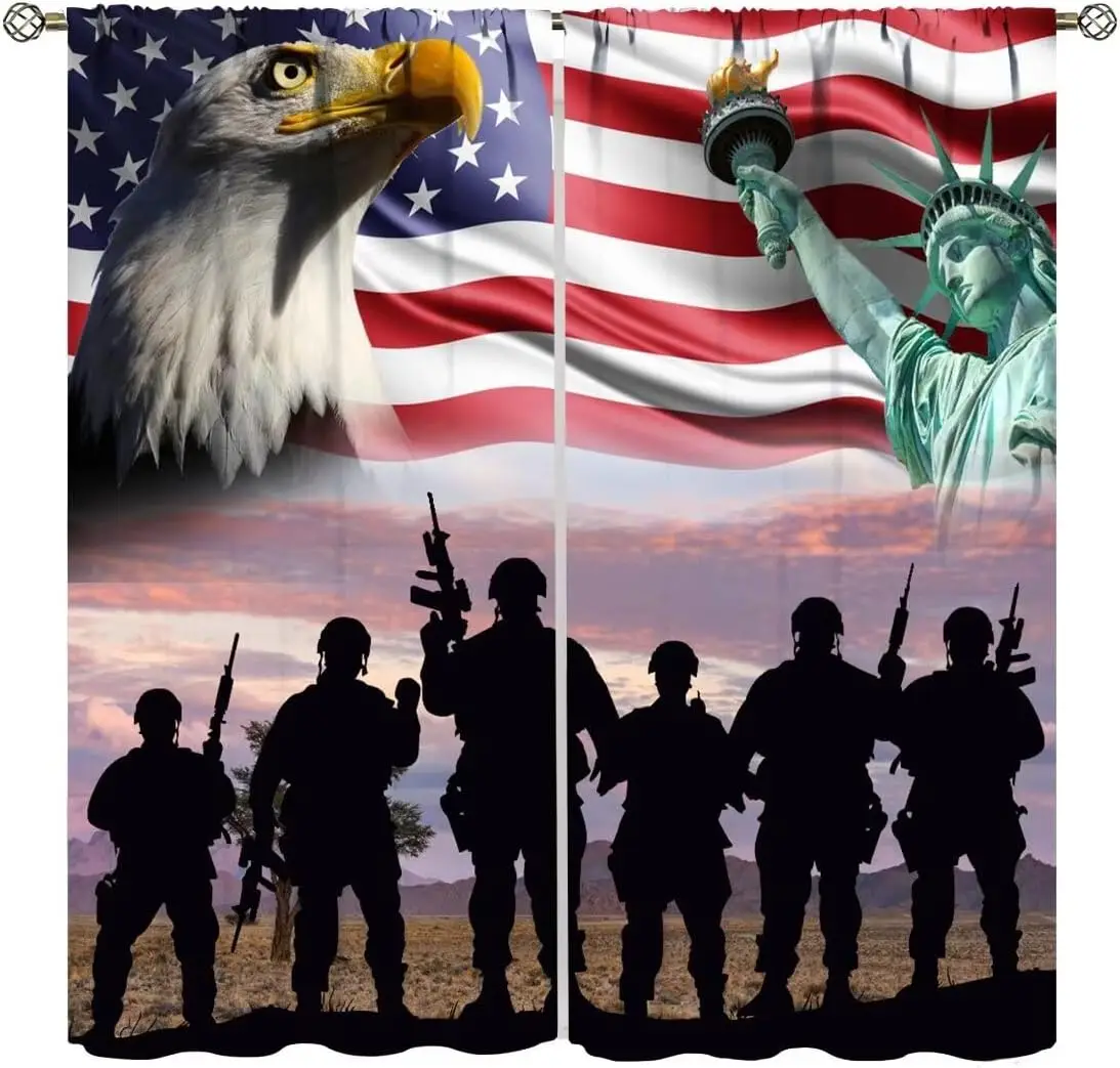 Bald Eagle USA Flag Curtains,American Soldier Silhouettes Independence Day Statue of Liberty Printed Curtains for  2 Panels Set
