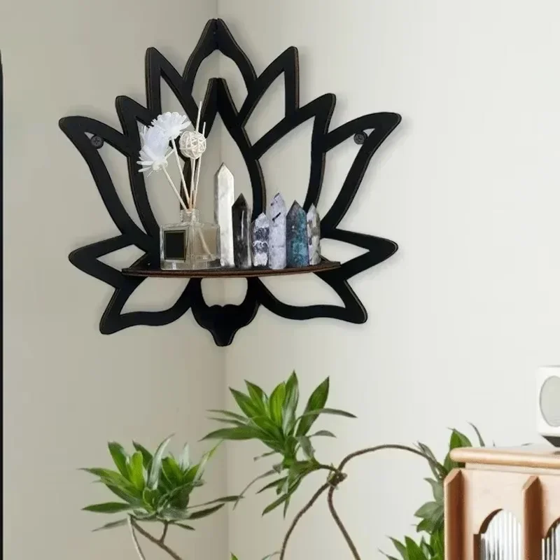 Black Wooden Lotus Hollow Decorative Rack Aromatherapy Organiser Essential Oil Candle Holder Wall Mounted Shelf Corner Shelf