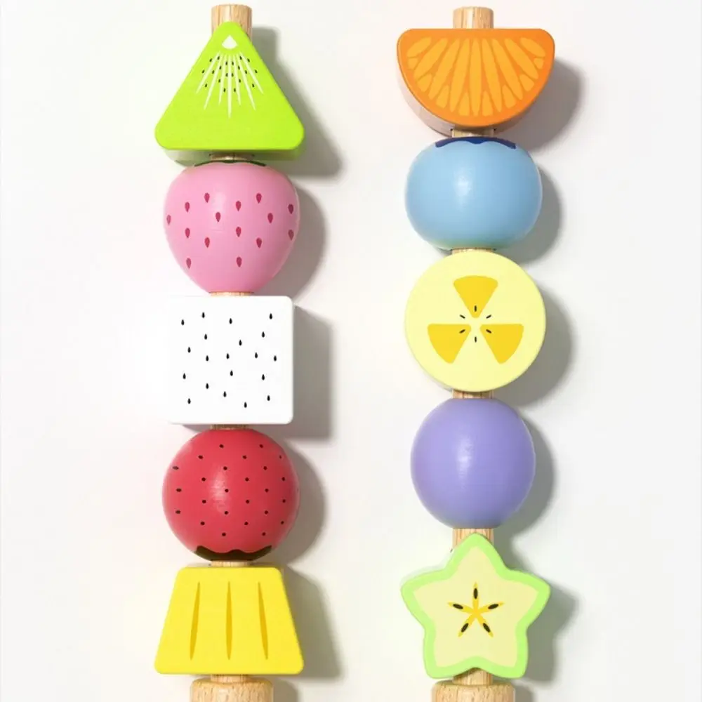 Geometric Fruits Shape Matching Game Montessori Interactive Educational Beaded Lacing Beads Challenges Wooden Sorting Stacking