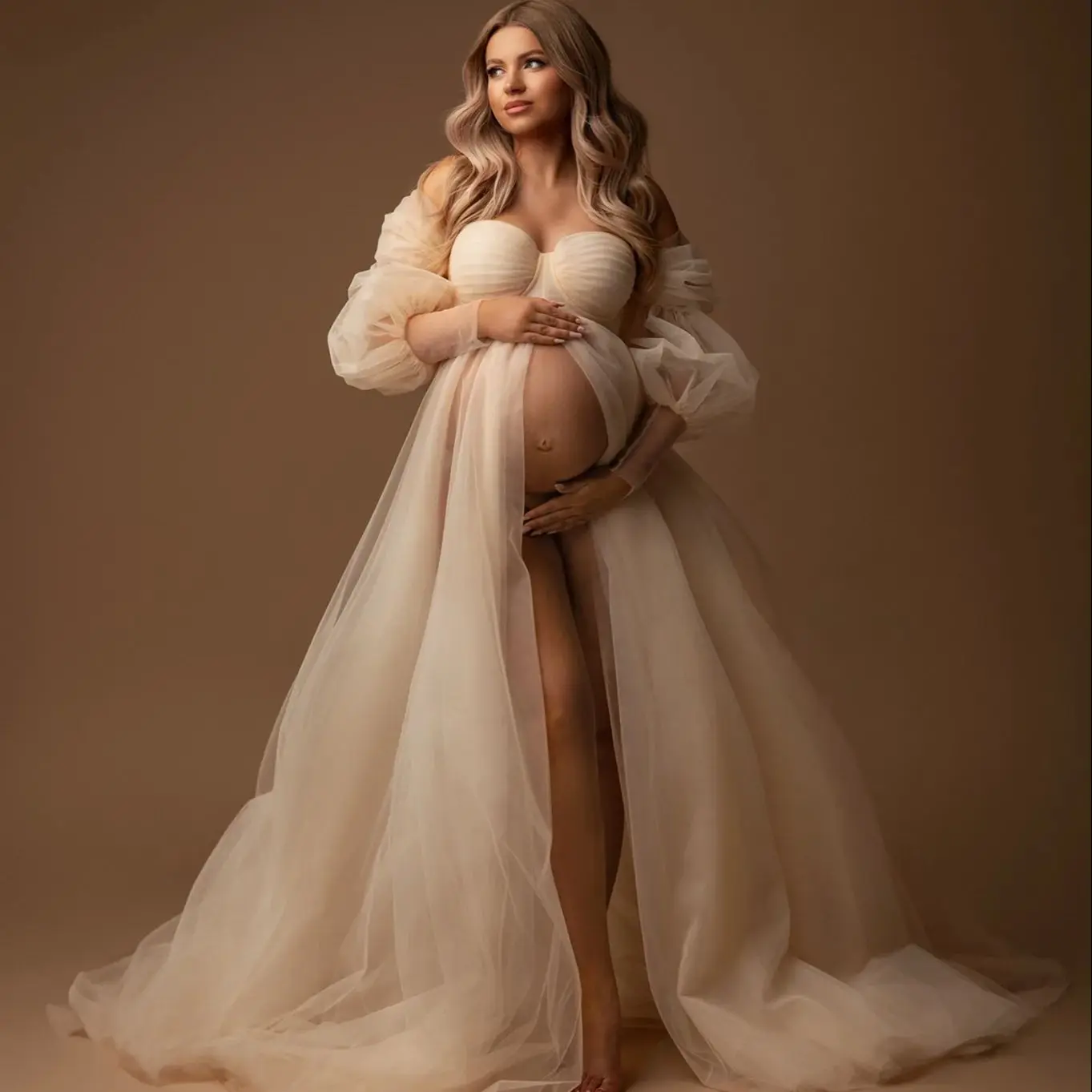 Suknie balowe Szampańska tiulowa suknia Maxi Sweetheart Sukienka ciążowa do sesji zdjęciowej na Baby Shower Dostosuj szaty